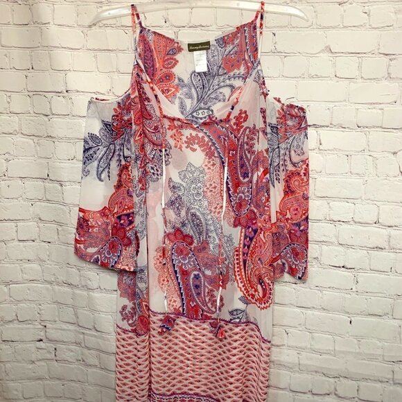 Tommy Bahama Sheer Paisley Boho Cold-Shoulder Tunic Dress Cover Up Size Medium - Picture 1 of 9